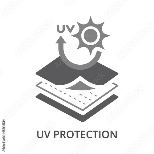 UV protection fabric material feature vector icon. Uv resistible fabrics membrane features label symbol.