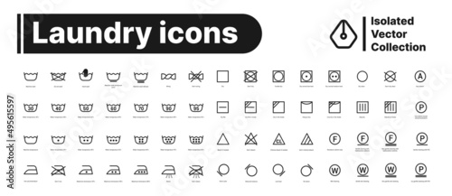 Laundry icons black collection vector. Isolated washing symbols guide set on white background. Outline laundry care signs. Hand or machine wash clothing instructions. Vector illustration.