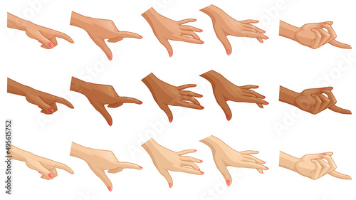Cartoon hand gesture set for design in different skin colors. Vector illustration