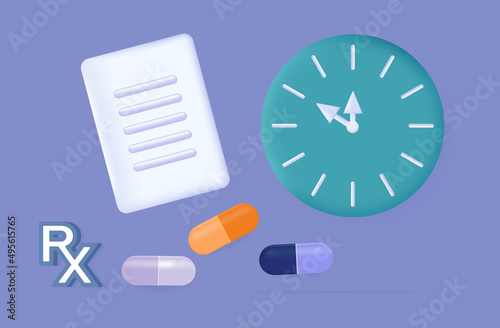 3d treatment time. Tablets with prescription and clock. The timing of the dose of medication, 
deadline. Medical banner, pharmaceutical treatment concept. Timetable or schedule, paper document. Vector