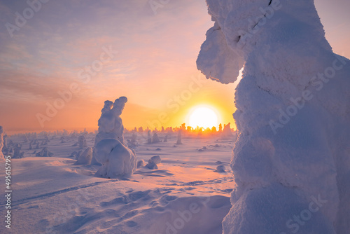 Winter landscape at sunset in Finnish Lapland