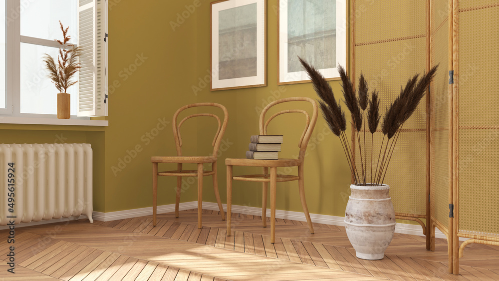 Contemporary wooden living room in yellow tones, lounge, waiting room with rattan chair and booth. Herringbone parquet floor, window with shutters and decors. Modern interior design Contemporary wooden living room in yellow tones, lounge, waiting room with rattan chair and booth. Herringbone parquet floor, window with shutters and decors. Modern interior design
