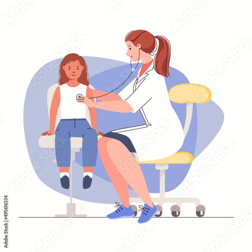 Illustration for medicine, healthcare, childcare concept. Little girl sits on chair in front of pediatrician examining child's health and listening to heartbeat and breathing with stethoscope. Vector.