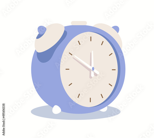 Desktop retro alarm clock with bell. Isolated on white background classic timer. Dial with arrows indicating time 11:50 (it's eleven fifty) Flat cartoon vector. photo