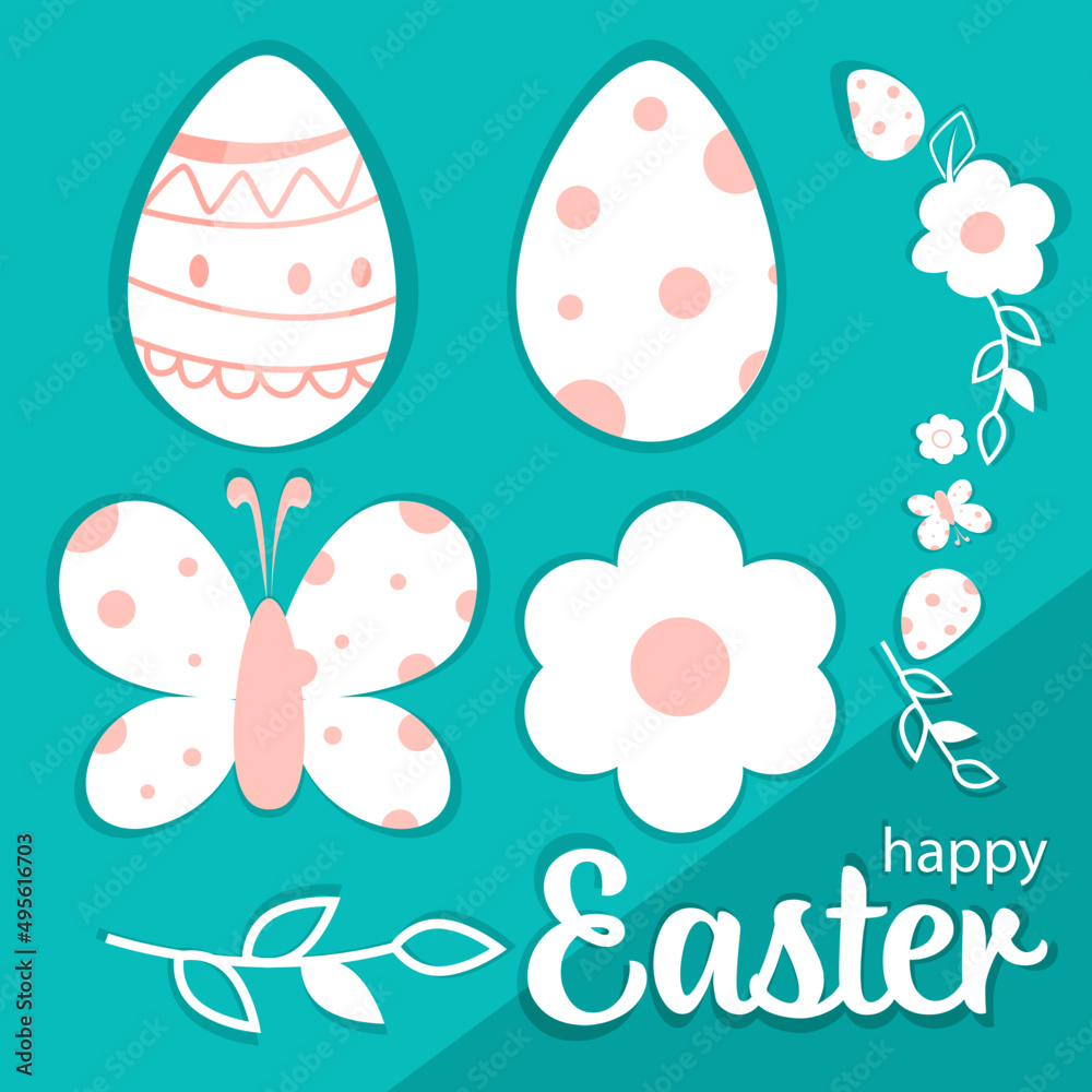 Elements for Easter design. Vector. Spring theme. Blossom. Butterfly. Easter eggs.