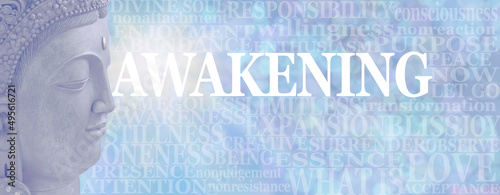 Wall Art Buddhism Words associated with Awakening - pale blue side facing Buddha head next to a word cloud relevant to AWAKENING on a soft blue bokeh background
 photo