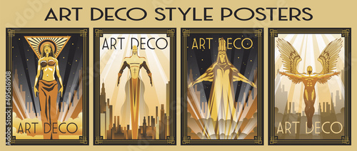 Art Deco Golden Urban Posters Set. 1920s Retro Style Arts photo