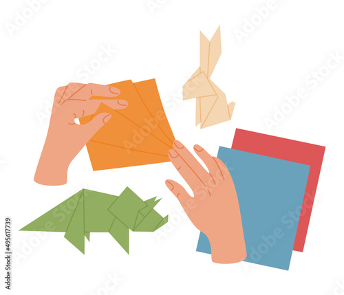 Origami making process. Hands with colored paper animal figurines. Creative workshop for kids. Vector illustration isolated on white background. Hand drawn in modern trendy flat cartoon style.