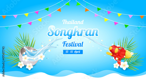 Songkran festival Thailand splash. Water floating away from stainless bowl and water gun red on blue podium with frangipani flowers white. Thailand travel concept. Vector EPS10 illustration.