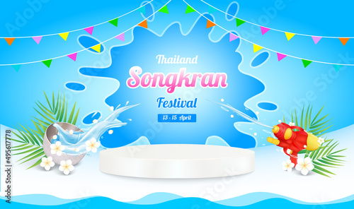 Songkran festival Thailand splash. Water floating away from bowl and water gun red on blue podium with frangipani flowers white. Template for blank product podium. Thailand travel concept. Vector.