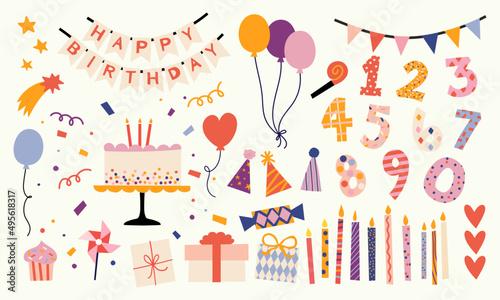 Collection of various festive elements for a birthday party. Set of simple and cute items for design. Vector hand drawn illustration. All elements are isolated.