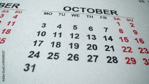 October 2022 Calendar. Hallowen day.Save the date. Macro detailed calendar with holidays, weekend and working days. Columbus day. Boss day. Macro slose up shot