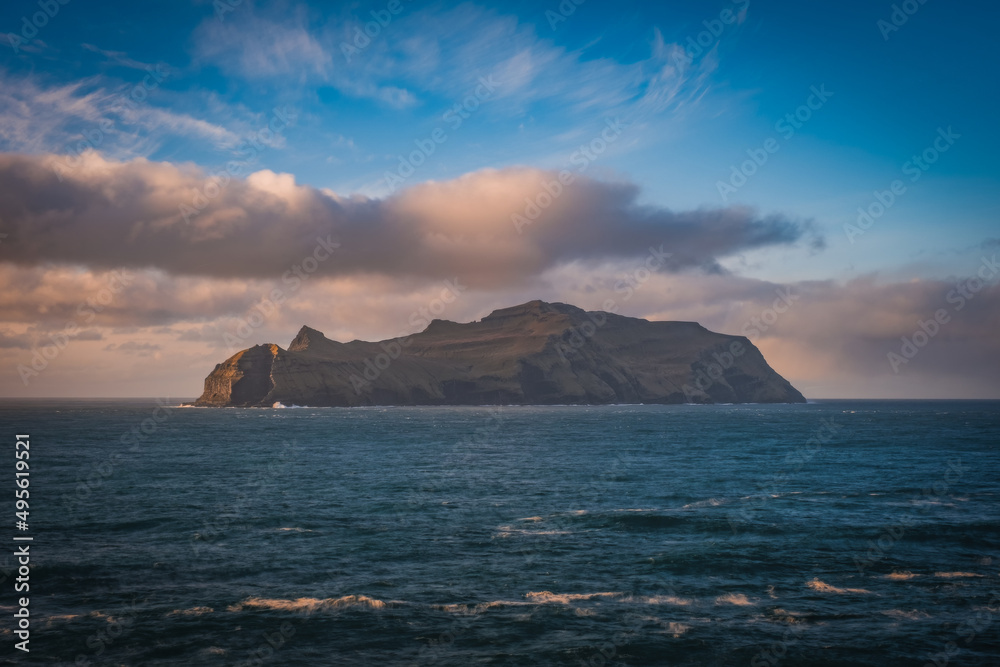 Beautiful Mykines Island landscapes and Atlantic Ocean. Mykines island, Faroe Islands, Europe. November 2021