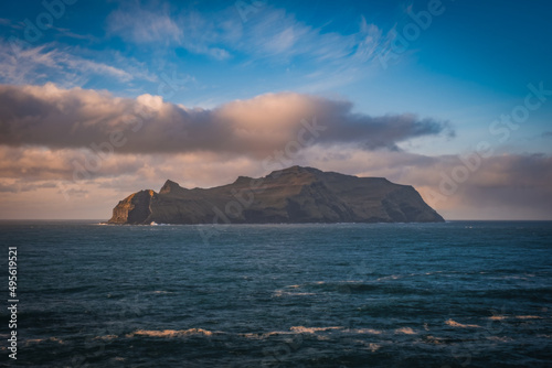 Beautiful Mykines Island landscapes and Atlantic Ocean. Mykines island, Faroe Islands, Europe. November 2021