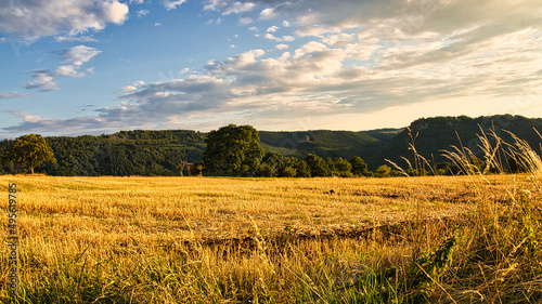 A sunny day in the Saarland with a view over meadows into the valley. Field in the foreground