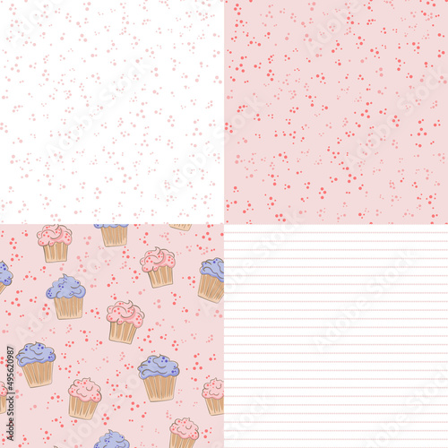 creamy cupcake, seamless pattern with cartoon hand drawn muffins.