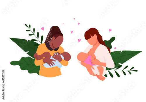 Two women breastfeeding their newborn babies. Vector illustration