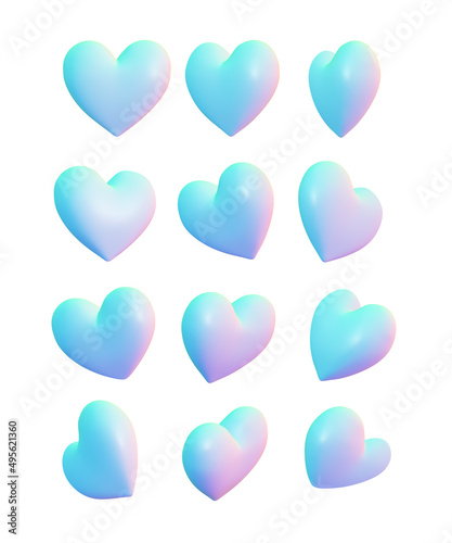 Set of blue holographic volumetric hearts isolated on a white background. Simple 3d shapes for decoration, background, illustration.