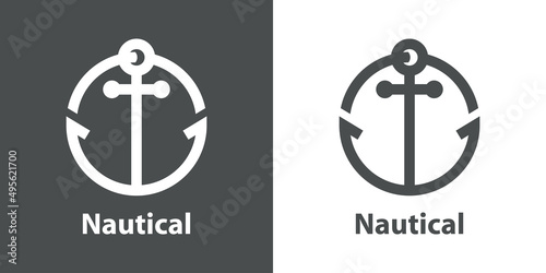 Logotipo con texto Nautical y silueta de ancla de barco con forma de círculo con líneas en fondo gris y fondo blanco