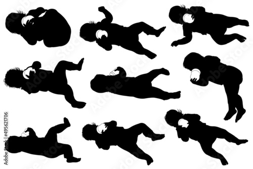 Illustration of baby silhouettes drinking from baby bottle isolated on white