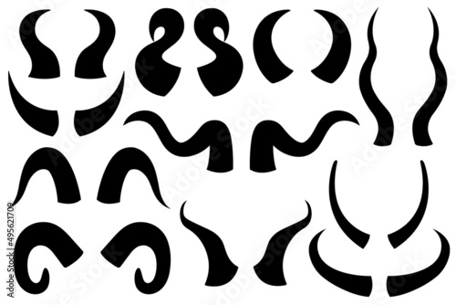 Collection of different animal horns isolated on white
