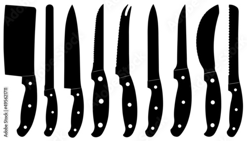 Different kitchen knives silhouette isolated on white