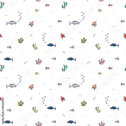 Sea elements seamless pattern. Fish  corals  algae  waves isolated on white background. Cute childish design for clothes  gift paper  packaging  textile  postcard.