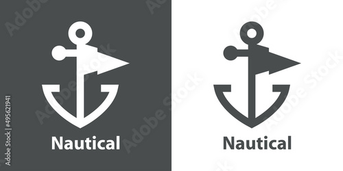 Fotobehang Logotipo con texto Nautical y silueta de ancla de barco con bandera con líneas e
