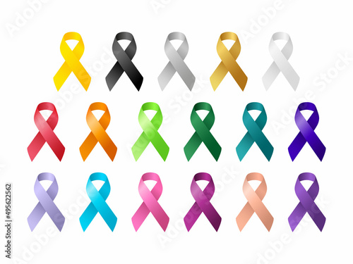 Set of cancer awareness ribbons. Colored bands on white background. Vector illustration