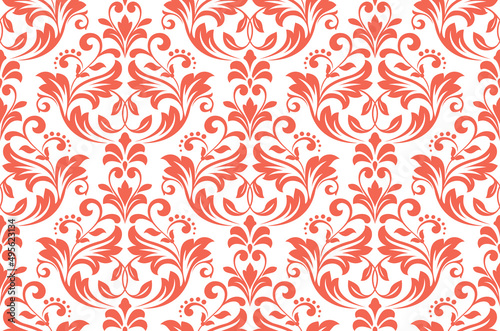 Wallpaper in the style of Baroque. Seamless vector background. White and pink floral ornament. Graphic pattern for fabric, wallpaper, packaging. Ornate Damask flower ornament