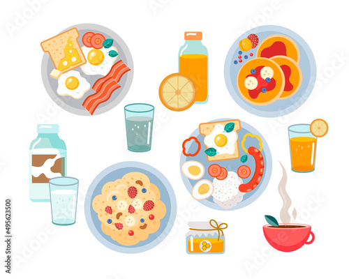 A set of plates for a healthy breakfast with scrambled eggs and bacon, toast, pancakes with jam