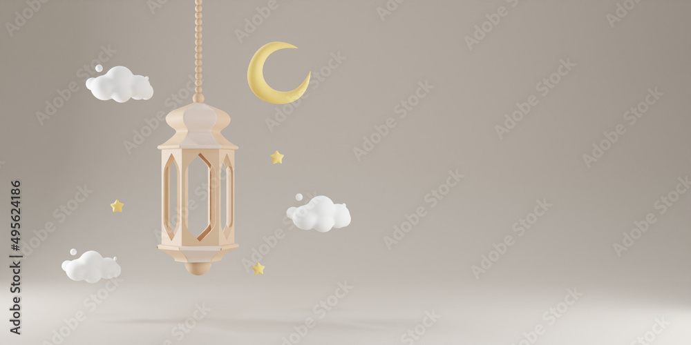 Background Realistic 3d lantern with crescent and clouds. Ramadan ...