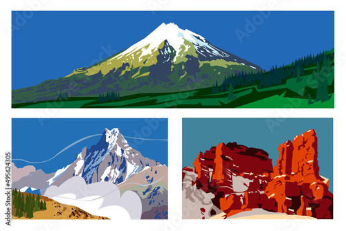 Set of compositions mountains different formy and landscape. Vector illustration of mountains for logo with harp tops, gorges and steep slopes in cartoon style.