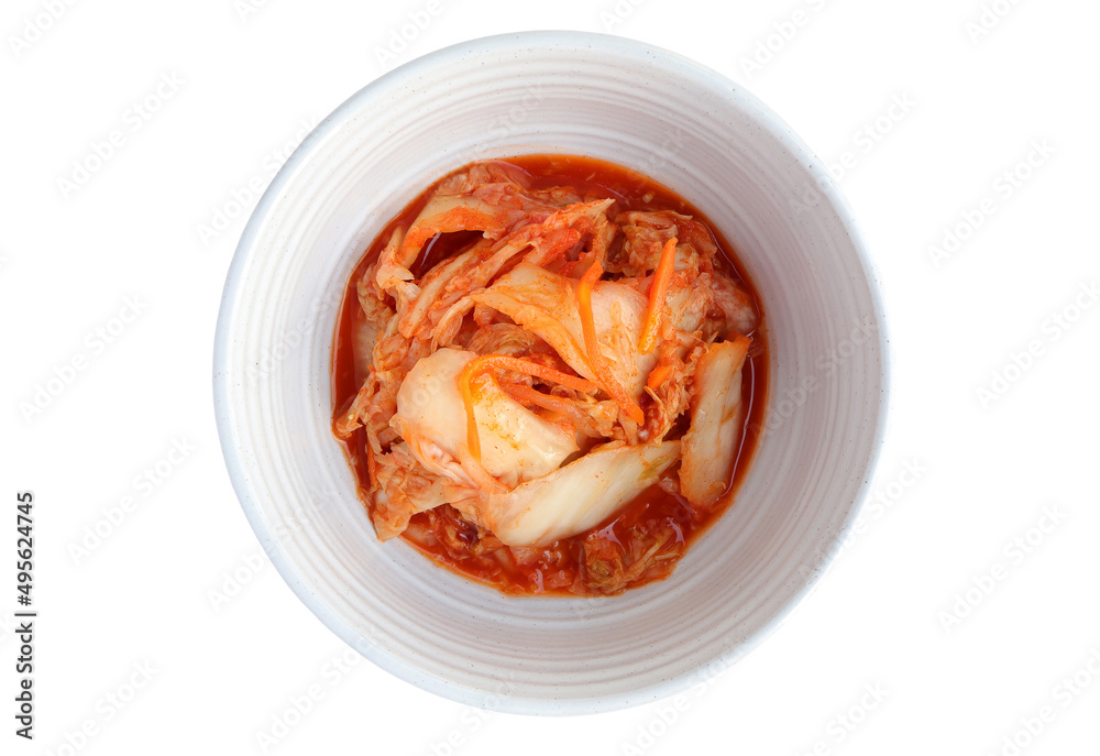 Closeup of Kimchi cabbage in white bowl. Korean spicy vegetable on white background with clipping path. Korean food style
