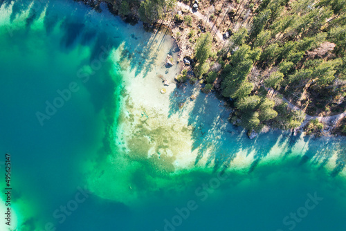 Beautiful green lake Hintersee Ramsau Berchtesgardner Land Alps birds eye view drone DJI Air 2s