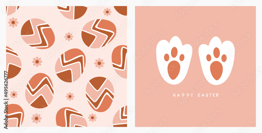 Seamless pattern with Easter eggs and daisy flower on pink background. Cute rabbit foot vector illustration. Mid century modern art color style.