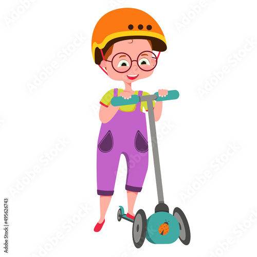 Children play on a scooter in the park, a kid plays on a scooter in a protective helmet. Summer rest. Outdoor activities, children characters. Vector illustration.