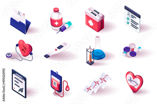 Medical service 3d isometric icons set. Medicines, first aid kit, stethoscope, cardiology, thermometer, tube, tablets and other isolated elements pack. Vector illustration in realistic render design