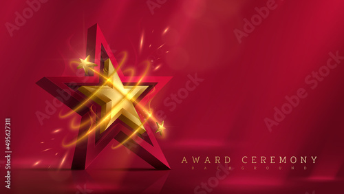 3d gold star with glitter light and fire effect decoration and bokeh element and beam. Luxury award ceremony background concept.