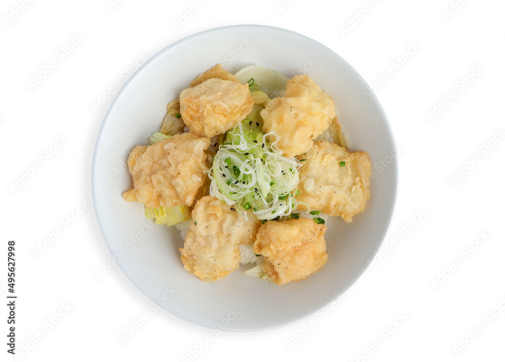 Fish fried serve with rice on the white background. japanese food style,Top view