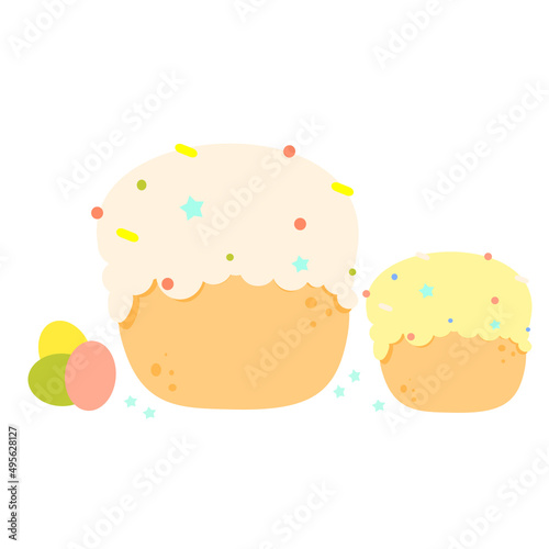 Vector illustration of two Easter buns with pink and yellow icing and colored dragees. Easter cookies. Easter. Isolated