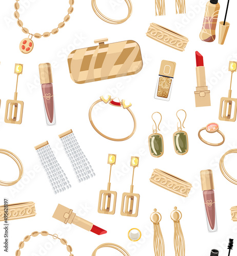 Fashion accessories seamless pattern. Flat style vector vector illustrations of jewelry gold accessories with necklace, cosmetics, bracelets earrings and clutch bag. Fashion women collection