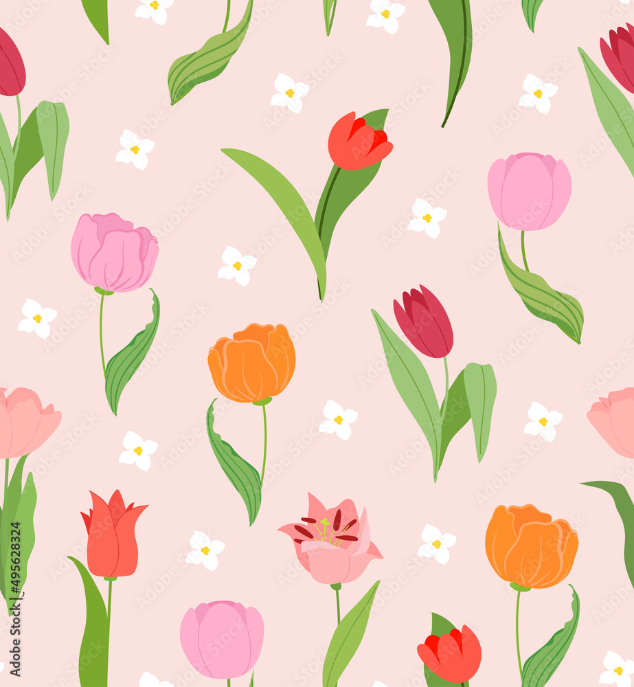 Obraz premium Spring tulip seamless vector pattern for for packaging, wallpaper, cover, poster, template, and more. Abstract colorful background. Spring wedding invitation. Flat style illustration