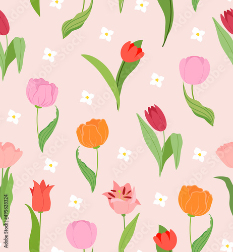 Spring tulip seamless vector pattern for for packaging, wallpaper, cover, poster, template, and more. Abstract colorful background. Spring wedding invitation. Flat style illustration