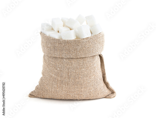 Sugar in a sack isolated on a white background. White Sugar in burlap sack. Cube Sugar in jute bag