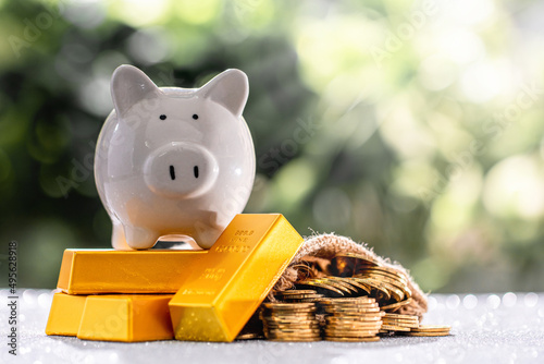 A piggy bank placed on top of a gold bar and money bag placed together. Wealth obtained from the management plan to save money for future and emergency use or profit from business investment concept.