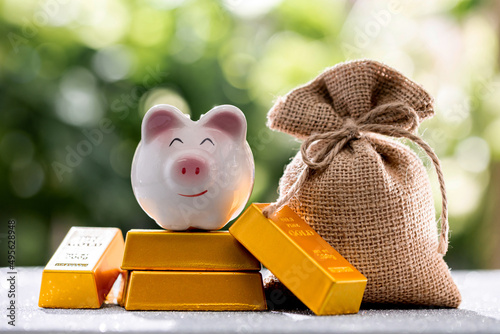 A piggy bank placed on top of a gold bar and money bag placed together. Wealth obtained from the management plan to save money for future and emergency use or profit from business investment concept.