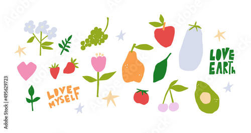 Fruits and vegetables modern collage style. Grunge farm produce set. Grape, apple, eggplant, avocado, cherry, cherry, tomato, pear, strawberry, flower and lettering.