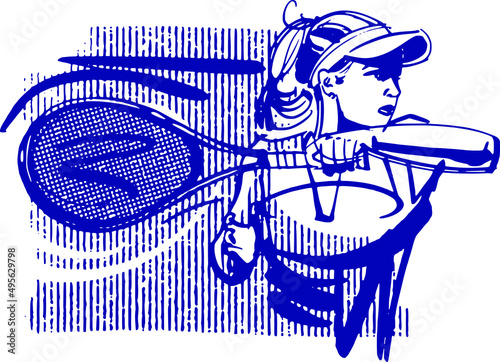 the vector illustration of the big tennis female  player with tennis racket in hand