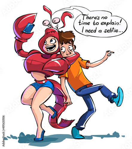 Cartoon caricature a girl in a crab costume grabbed a man and takes a selfie.